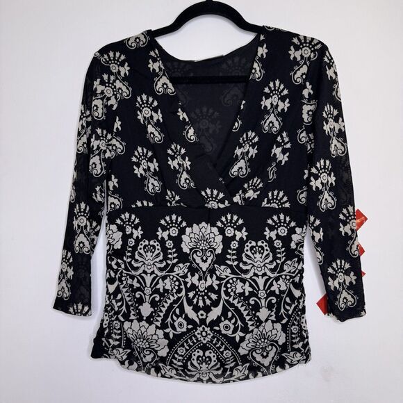 Vtg Y2K Art Deco Black White Sheer Mesh Faux Wrap V-Neck Top Whimsygoth Fairy XL - Picture 5 of 8